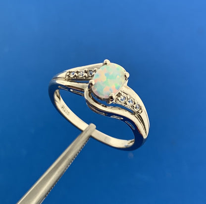 Designer Sterling Silver Oval Opal Cabochon White Topaz Accented Cocktail Ring