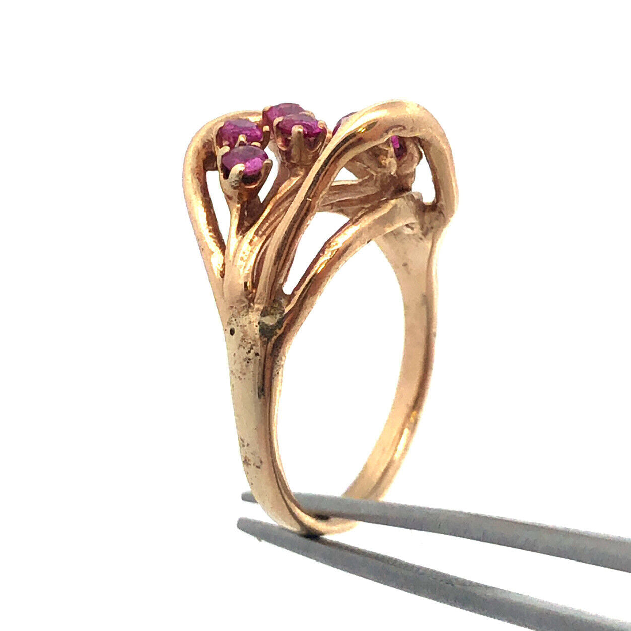 14K Yellow Gold Ruby Cluster Free Form Modernist July Birthday Cocktail Ring