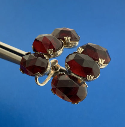 Mid Century 925 Sterling Silver Red Glass Statement Screw Back Stud Earrings