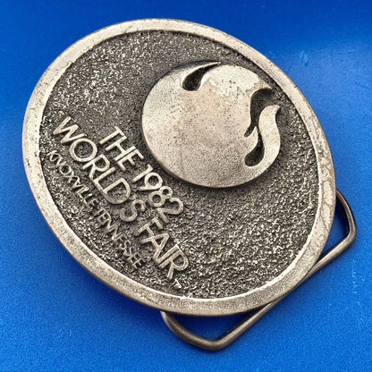 1982 Worlds Fair Logo Knoxville Tennessee Silver Tone Metal Oval Belt Buckle