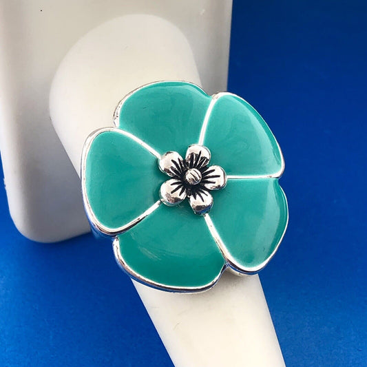 Premier Designs Silver Plate Turquoise Aqua Enamel Flower Statement Ring NIB