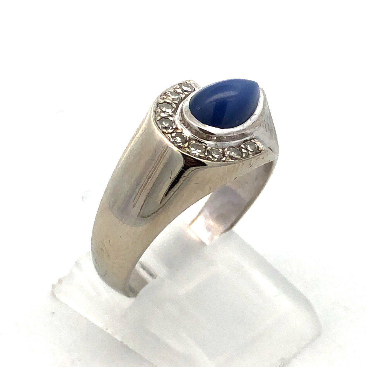 Designer 14K White Gold Blue Star Sapphire Diamond Accented Modernist Ring