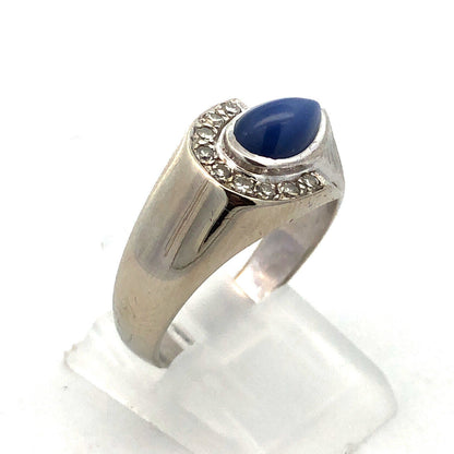 Designer 14K White Gold Blue Star Sapphire Diamond Accented Modernist Ring