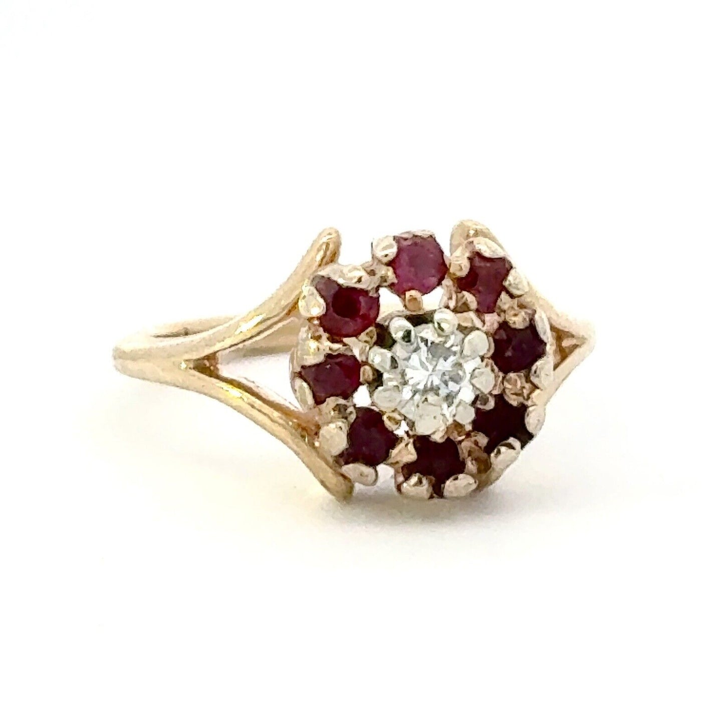 Designer 14K Yellow Gold Diamond Ruby Floral Flower Cocktail Ring