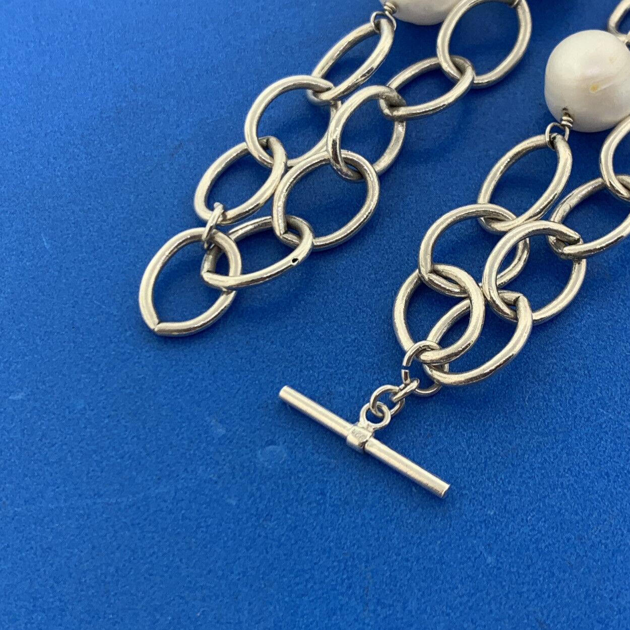 925 Sterling Silver Baroque Pearl Oval Link Double Chain Toggle Necklace