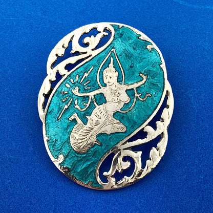 Antique Siam 925 Sterling Silver Aqua Enamel Nielloware Brooch Clip Earrings Set