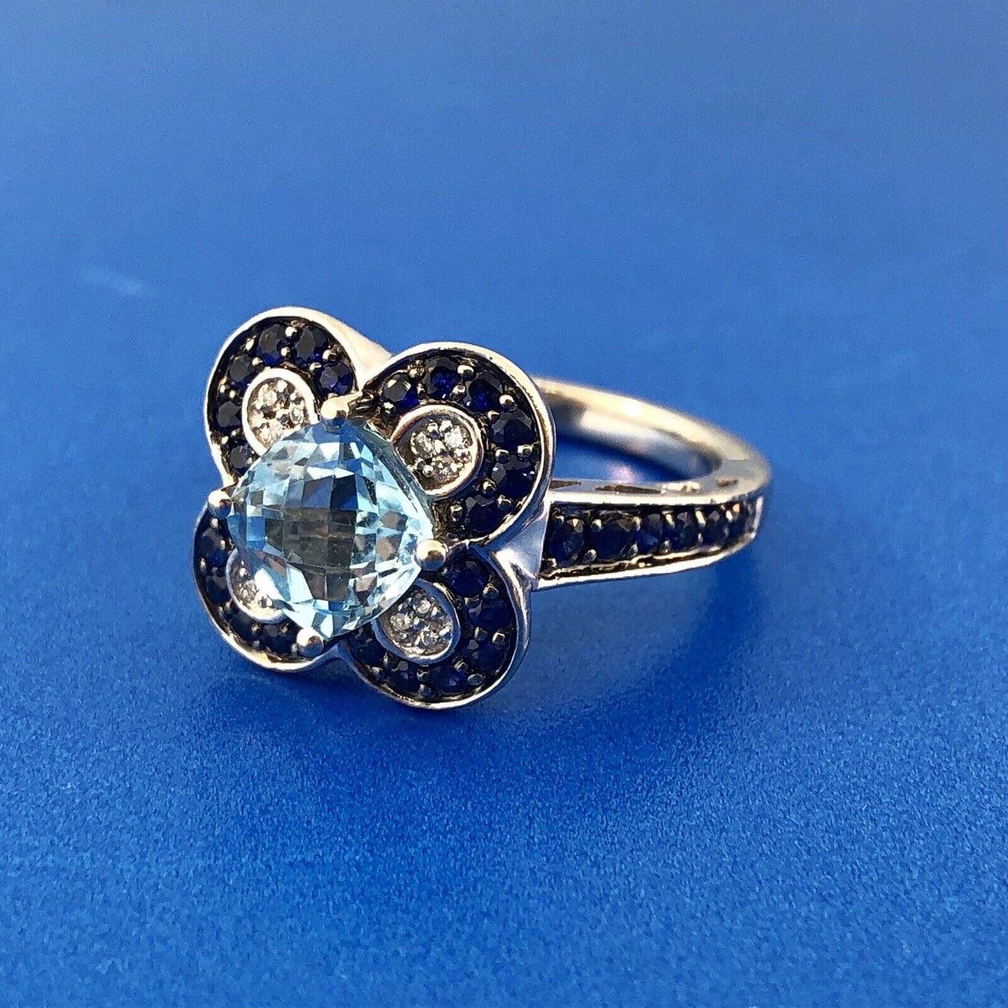 Le Vian 14K White Gold Blue Topaz Diamond Sapphire Flower Cluster Cocktail Ring