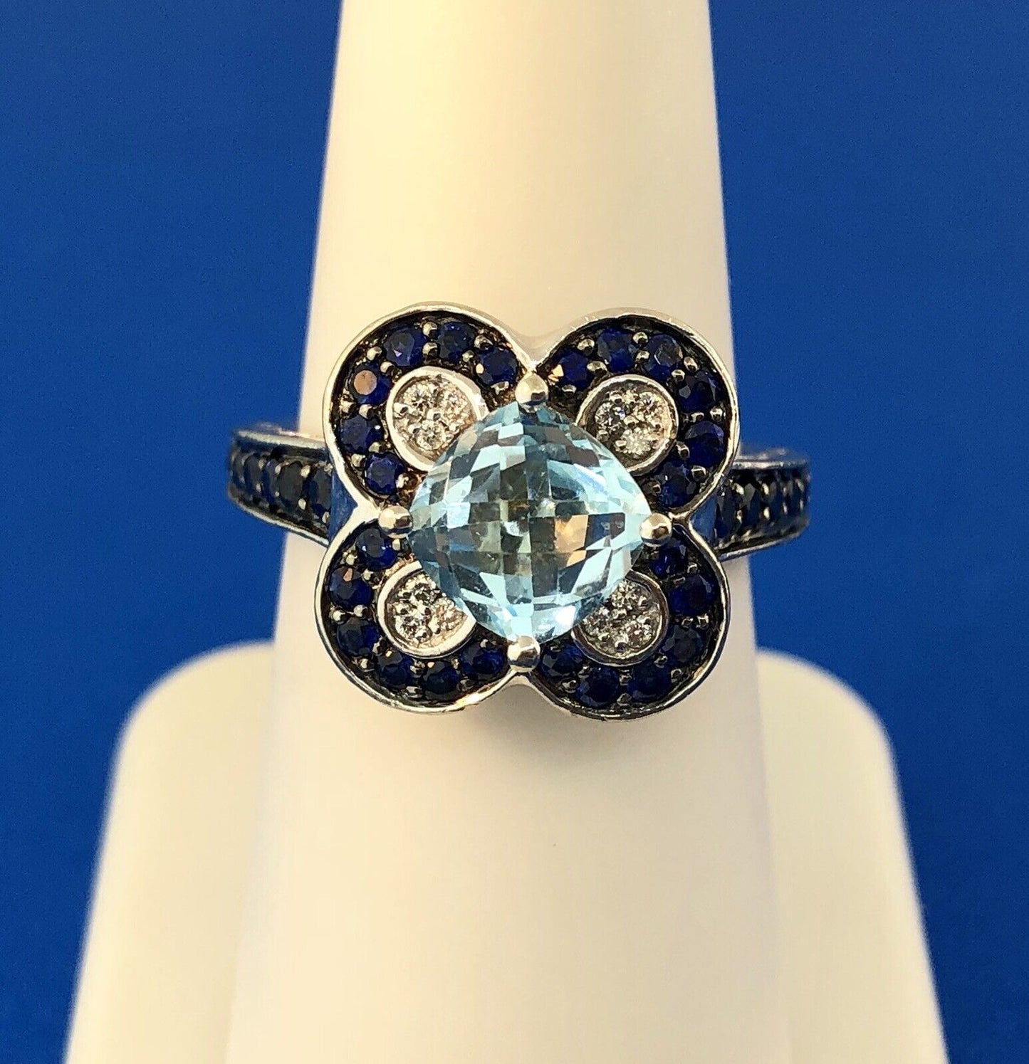 Le Vian 14K White Gold Blue Topaz Diamond Sapphire Flower Cluster Cocktail Ring
