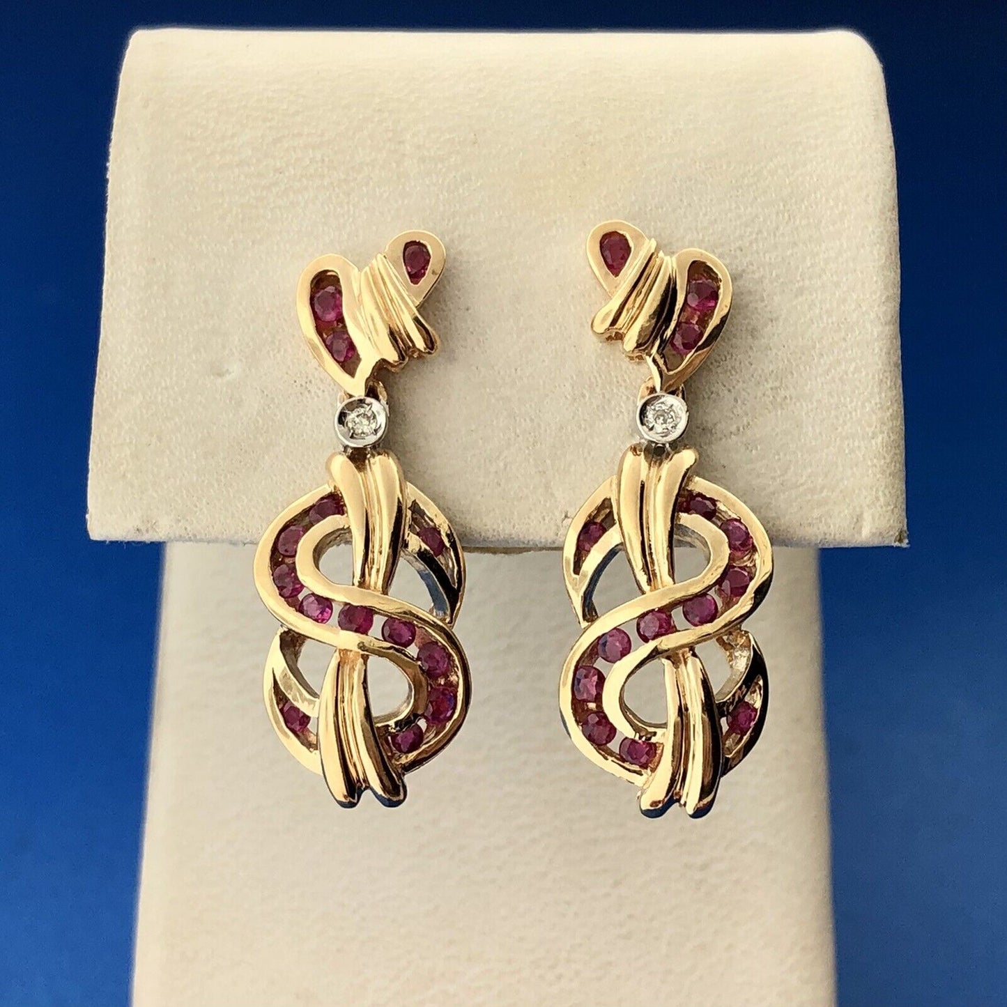 Designer 14K Yellow Gold Ruby Diamond Abstract Heart Inifinity Dangle Earrings