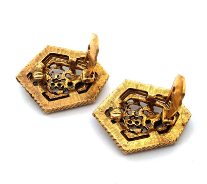Mid Century Gold Tone Scroll Floral Vine Open Work Brooch Clip Earrings Set
