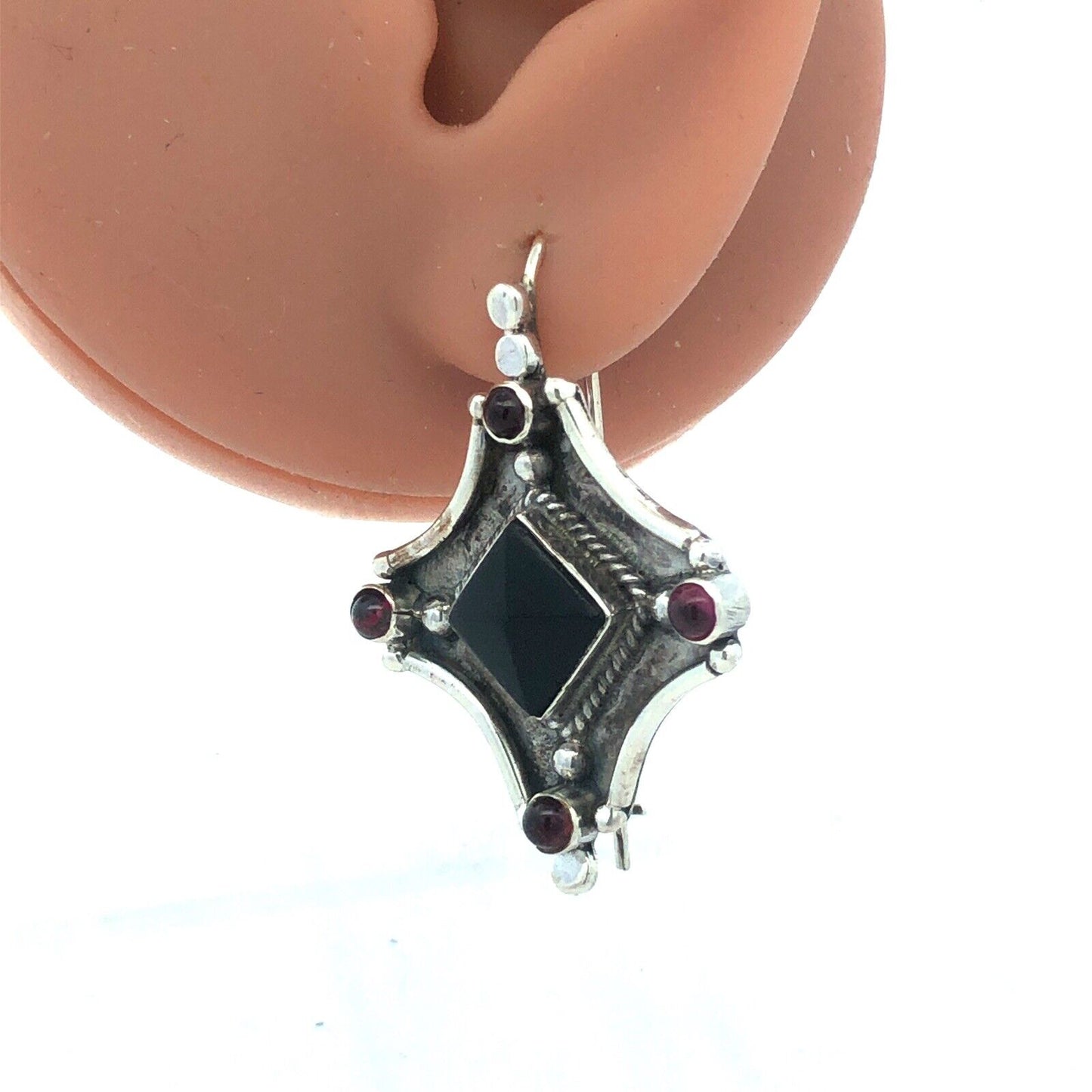 Vintage 925 Sterling Silver Black Onyx Amethyst Hook Statement Dangle Earrings