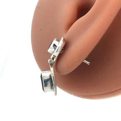 Vintage 925 Sterling Silver Round Bezel Pear Garnet Dangle Drop Stud Earrings