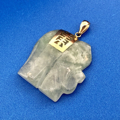Vintage 14K Yellow Gold Carved Jade Jadeite Elephant Long Life Good Luck Pendant