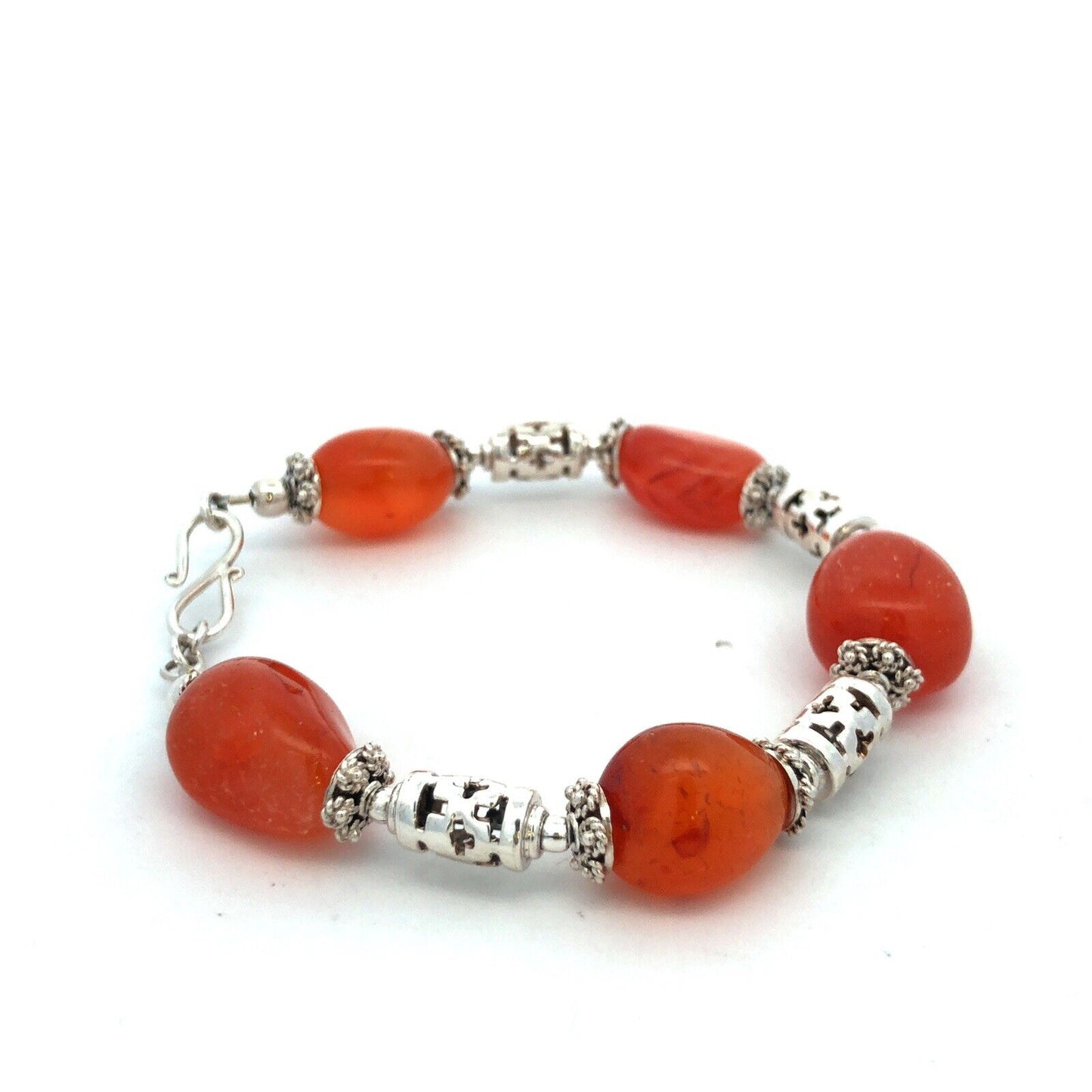 Designer 925 Sterling Silver Orange Carnelian Beaded Statement Bracelet