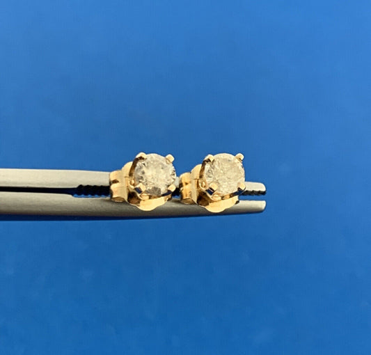 Gorgeous 14k Yellow Gold Round Cut White Diamond Friction Back Stud Earrings