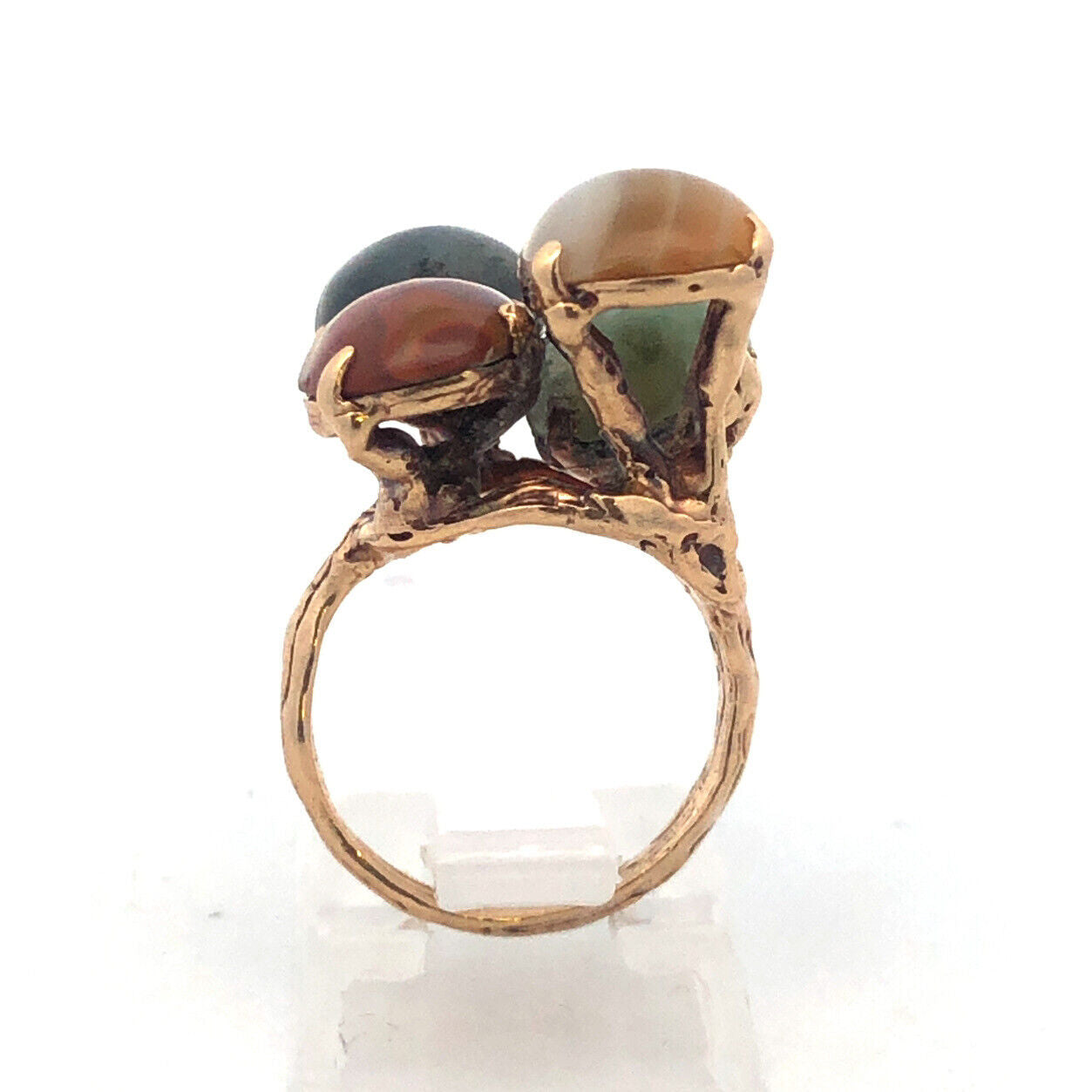 Retro Custom 14K Yellow Gold Jade Agate Jasper Protection Strength Courage Ring