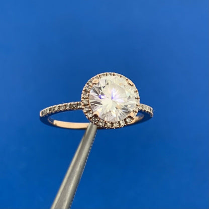 14K Rose Gold Cubic Zirconia Solitaire Diamond Halo Accented Engagement Ring