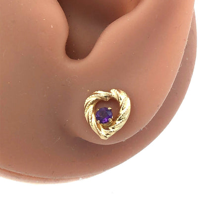 Gorgeous 14k Yellow Gold Amethyst Open Heart Stud Earrings w/ Friction Backs
