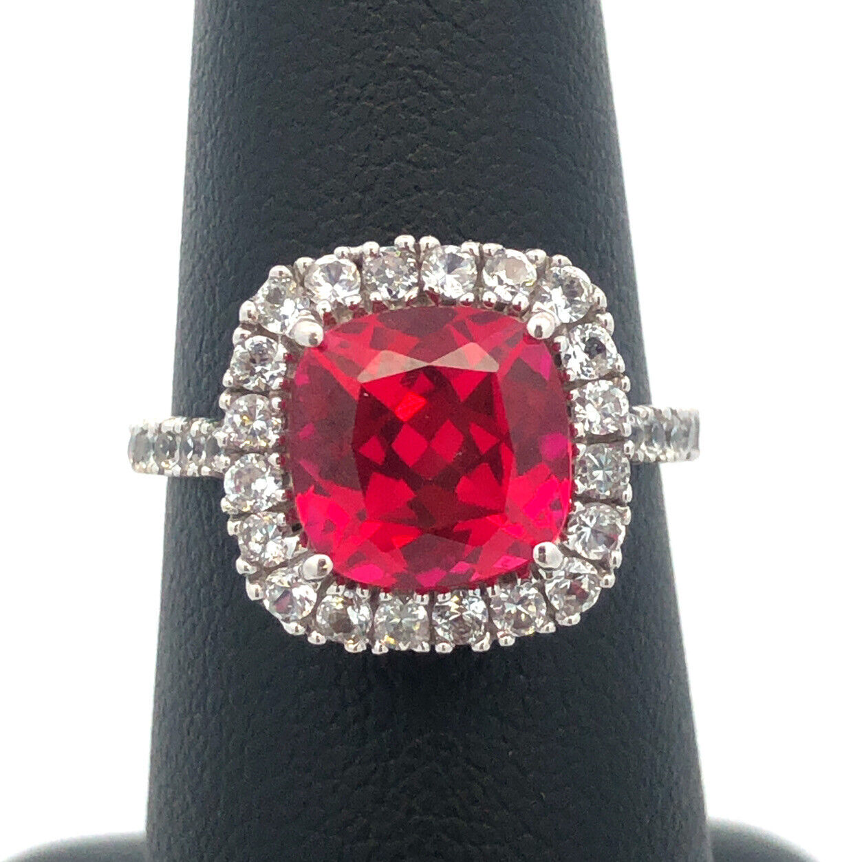 10k White Gold Lab Created Ruby Diamond Halo Engagement Anniversary Ring