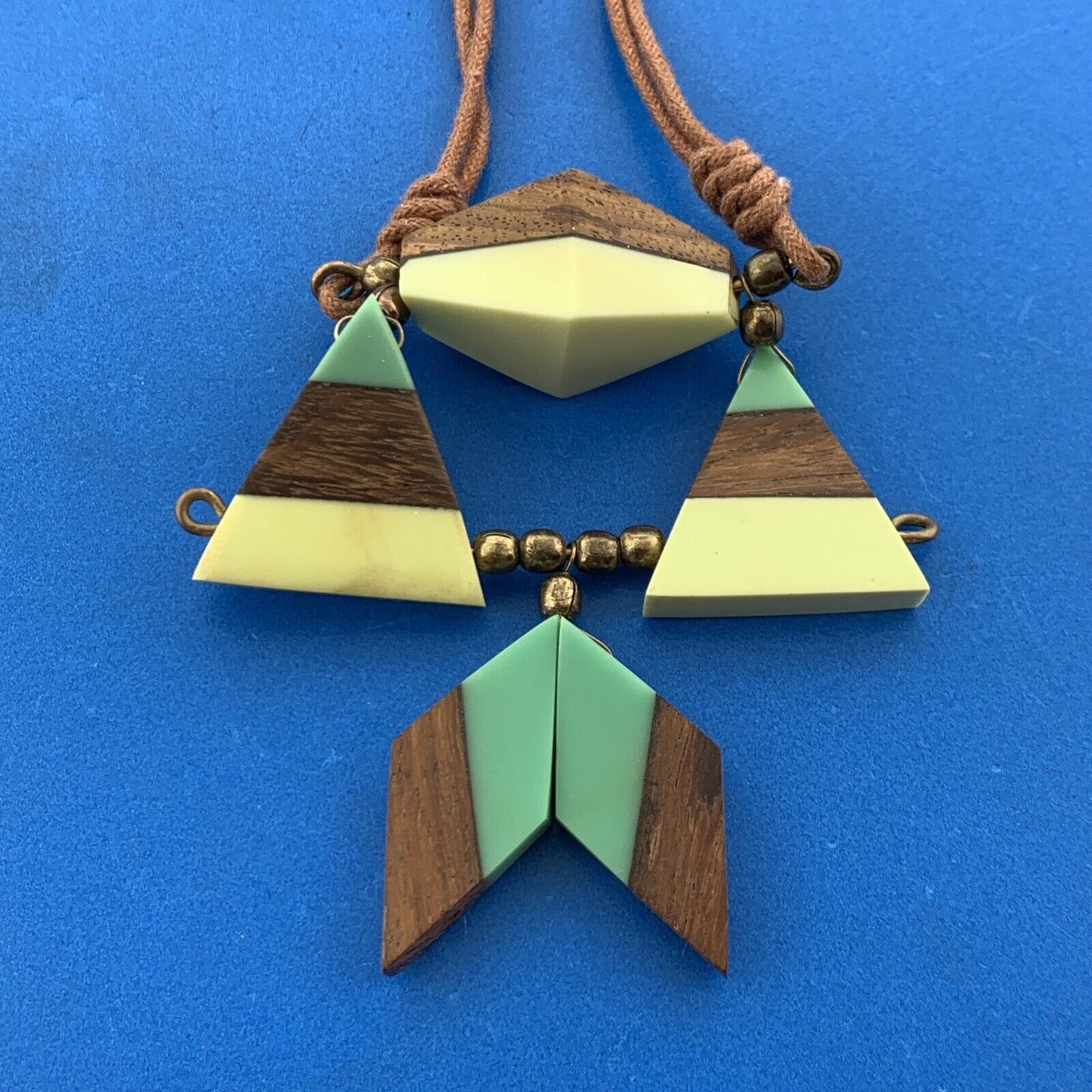 Mid Century Gold Tone Modern Wooden Bakelite Beaded Corded Necklace Earrings Set