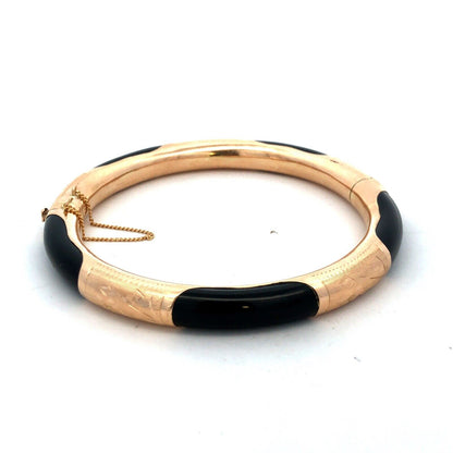 Vintage 14K Yellow Gold Black Onyx Engraved Round Hinged Bangle Bracelet