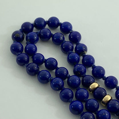 Designer 14K Yellow Gold Hand Knotted Lapis Lazuli Beaded Necklace