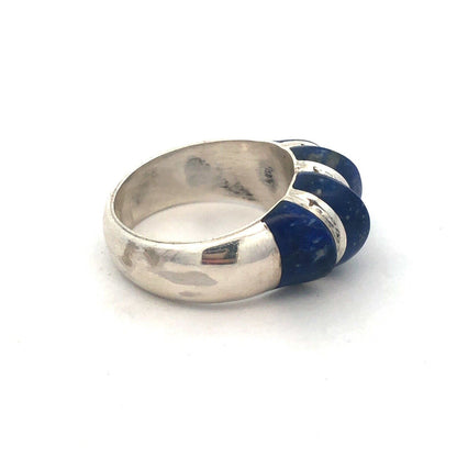 Estate 950 Fine Silver Lapis-Lazuli Modernist Ribbed Dome Size 7.5 Ring