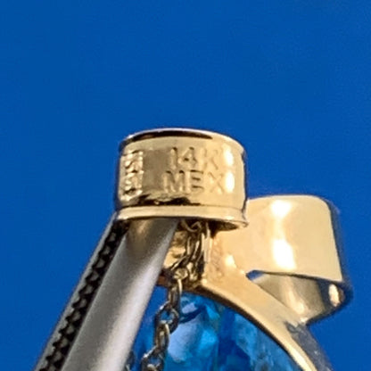 Designer 14K Yellow Gold Pear Blue Topaz Solitaire Statement Pendant Necklace