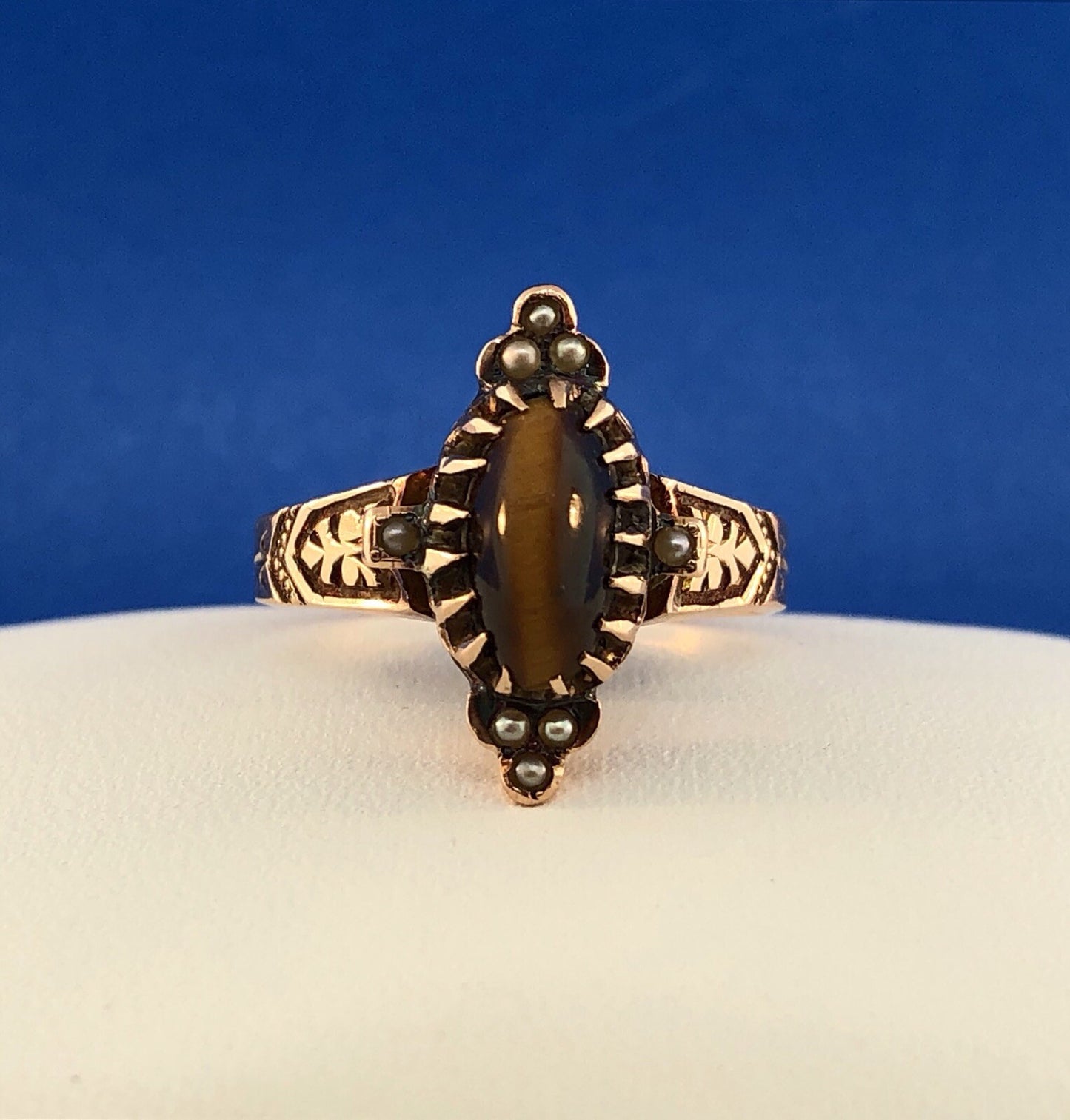 Art Deco Art Nouveau 10K Rose Gold Tigers Eye Seed Pearl Cocktail Ring