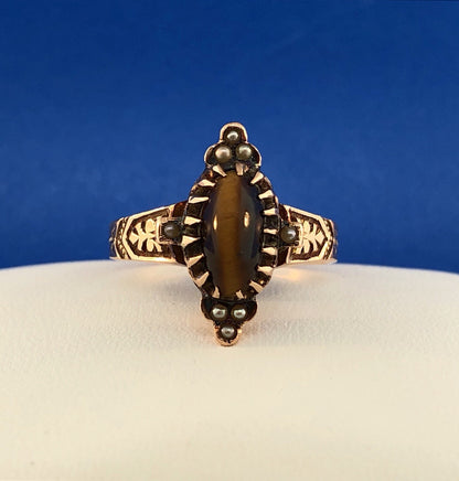 Art Deco Art Nouveau 10K Rose Gold Tigers Eye Seed Pearl Cocktail Ring