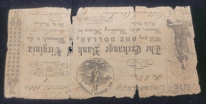 1862 $1 Exchange Bank of Virginia, Norfolk, VA Obsolete Currency Bank Note