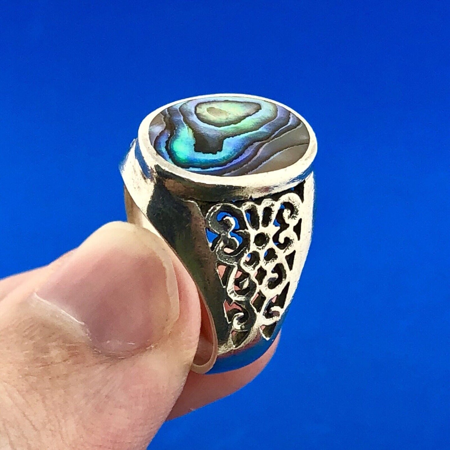 Designer NF 925 Sterling Silver Abalone Shell Cabochon Open Scroll Dome Ring