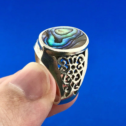 Designer NF 925 Sterling Silver Abalone Shell Cabochon Open Scroll Dome Ring