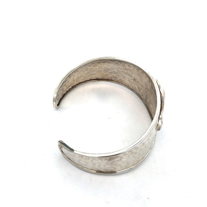Designer Italy 925 Sterling Silver 14K Gold Cameo Hammered Open Cuff Bracelet