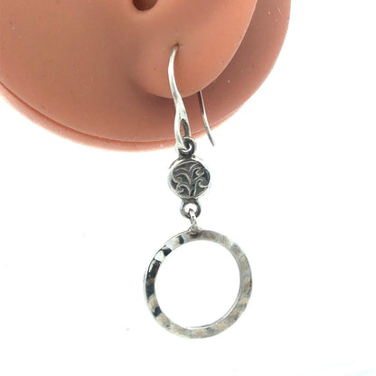 925 Sterling Silver Round Textured Hammered Dangle Hoop Earrings