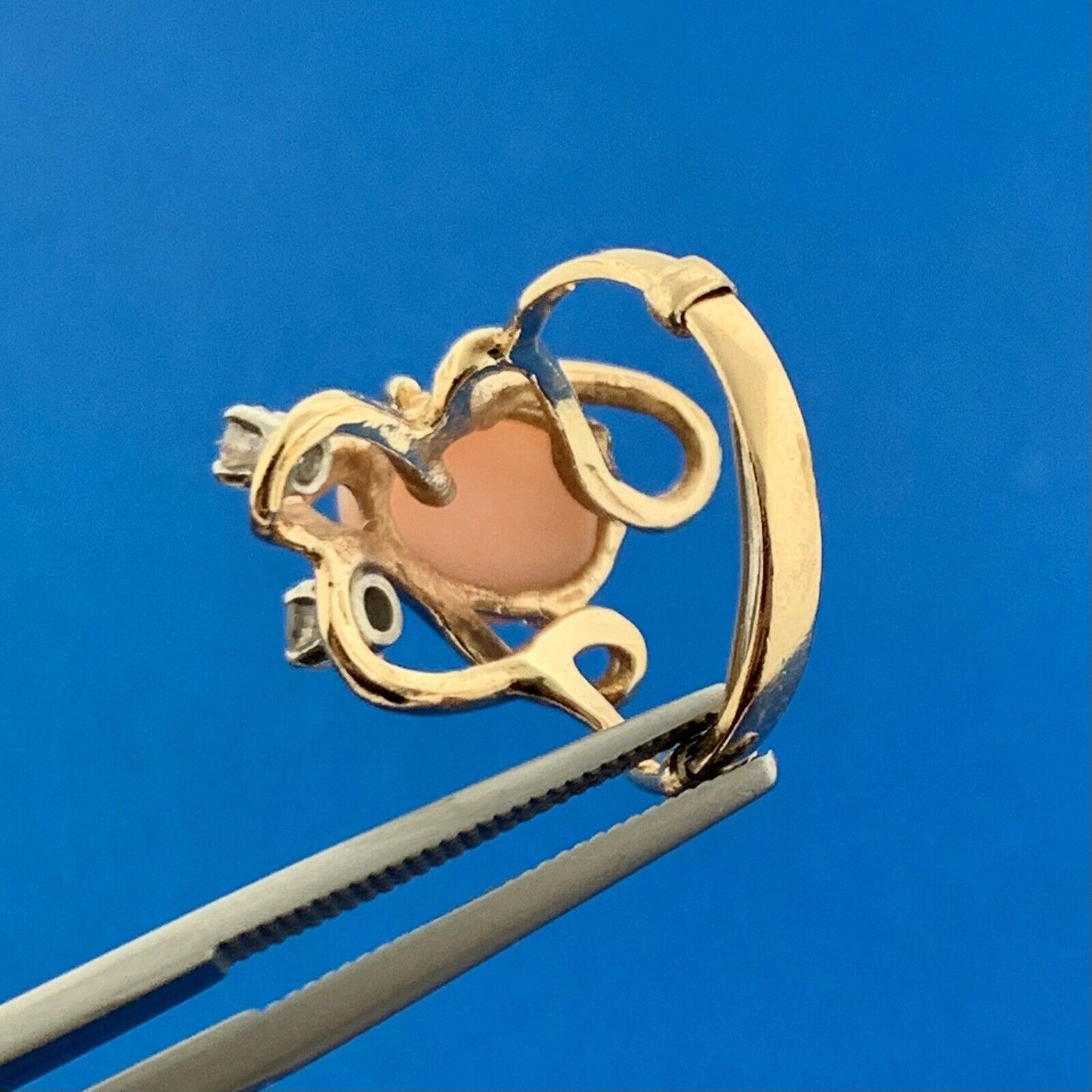 Modernist 14K Yellow Gold Pink Coral Diamond Accented Free Form Artisan Ring