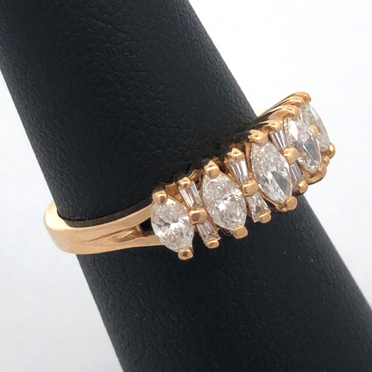 Designer 14K Yellow Gold Marquise & Baguette Diamond Anniversary Band Ring