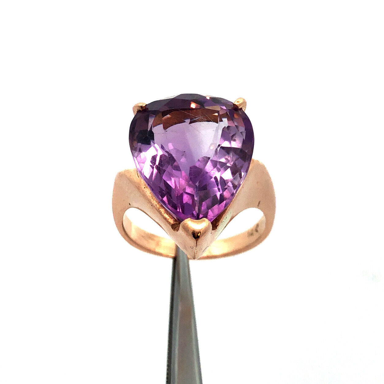 14K Yellow Gold Pear Cut Amethyst Solitaire Statement Cocktail Ring