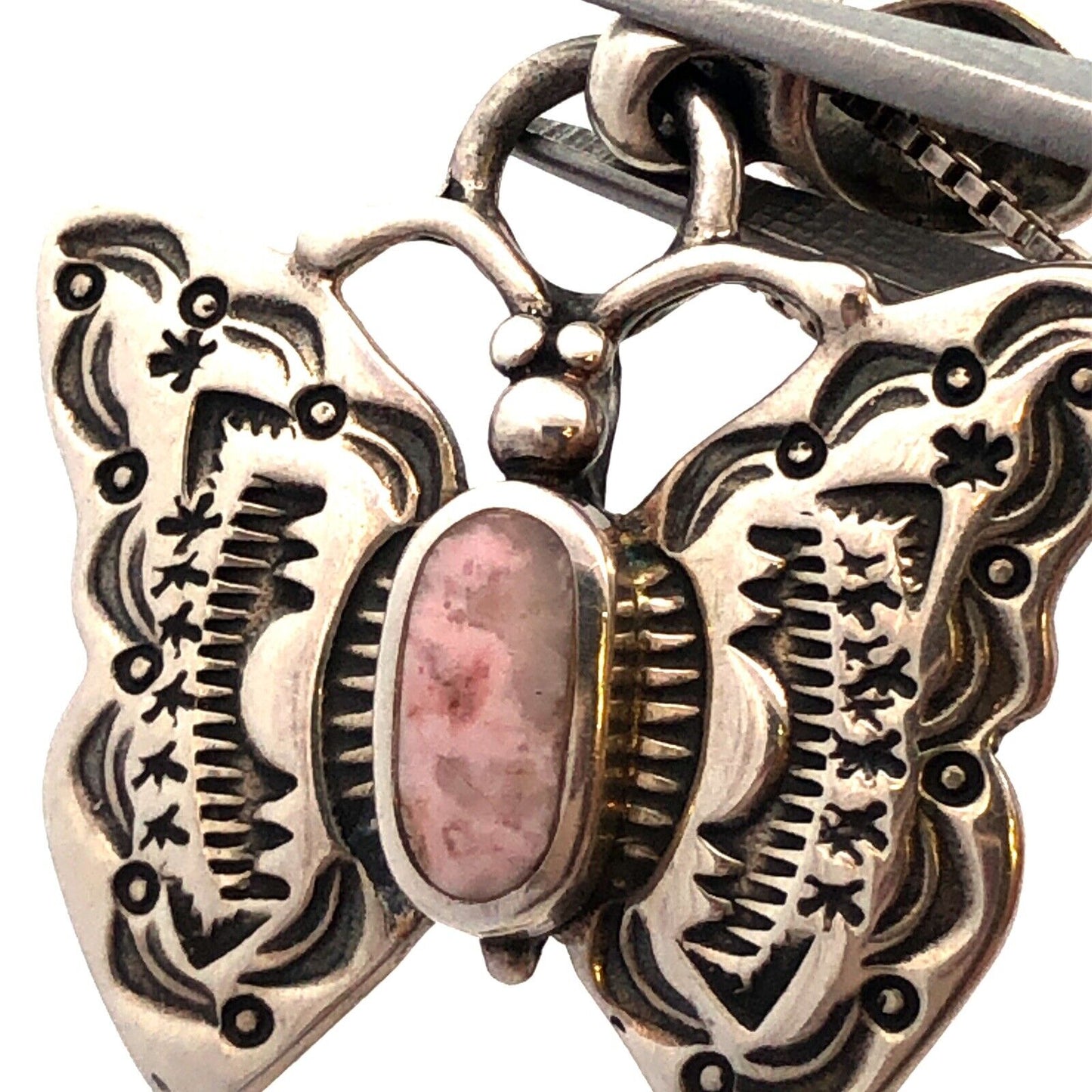 Native American 925 Sterling Silver Pink Agate Storyteller Butterfly Necklace