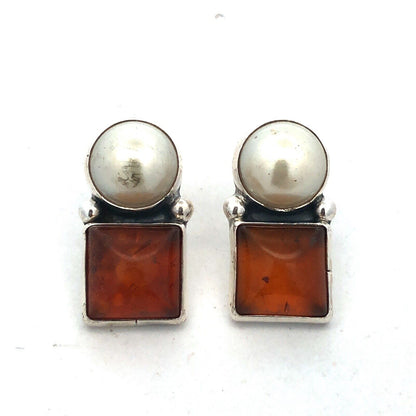 Vintage 925 Sterling Silver Round Pearl Square Amber Drop Stud Earrings