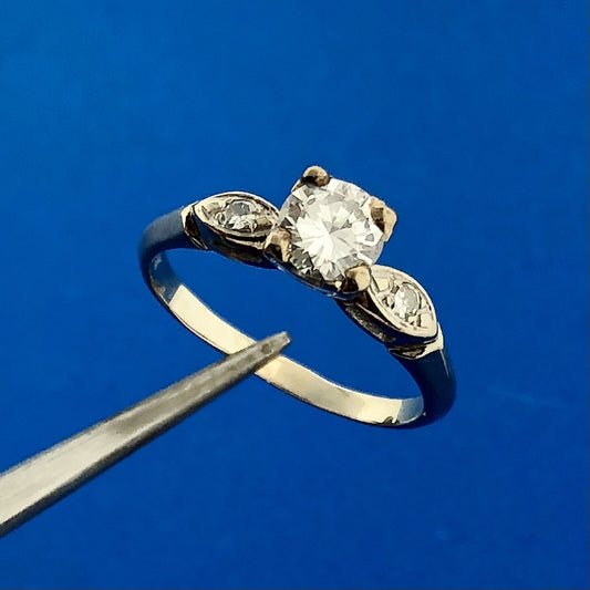 Vintage 14K White Gold Round Diamond Solitaire With Accents Engagement Ring