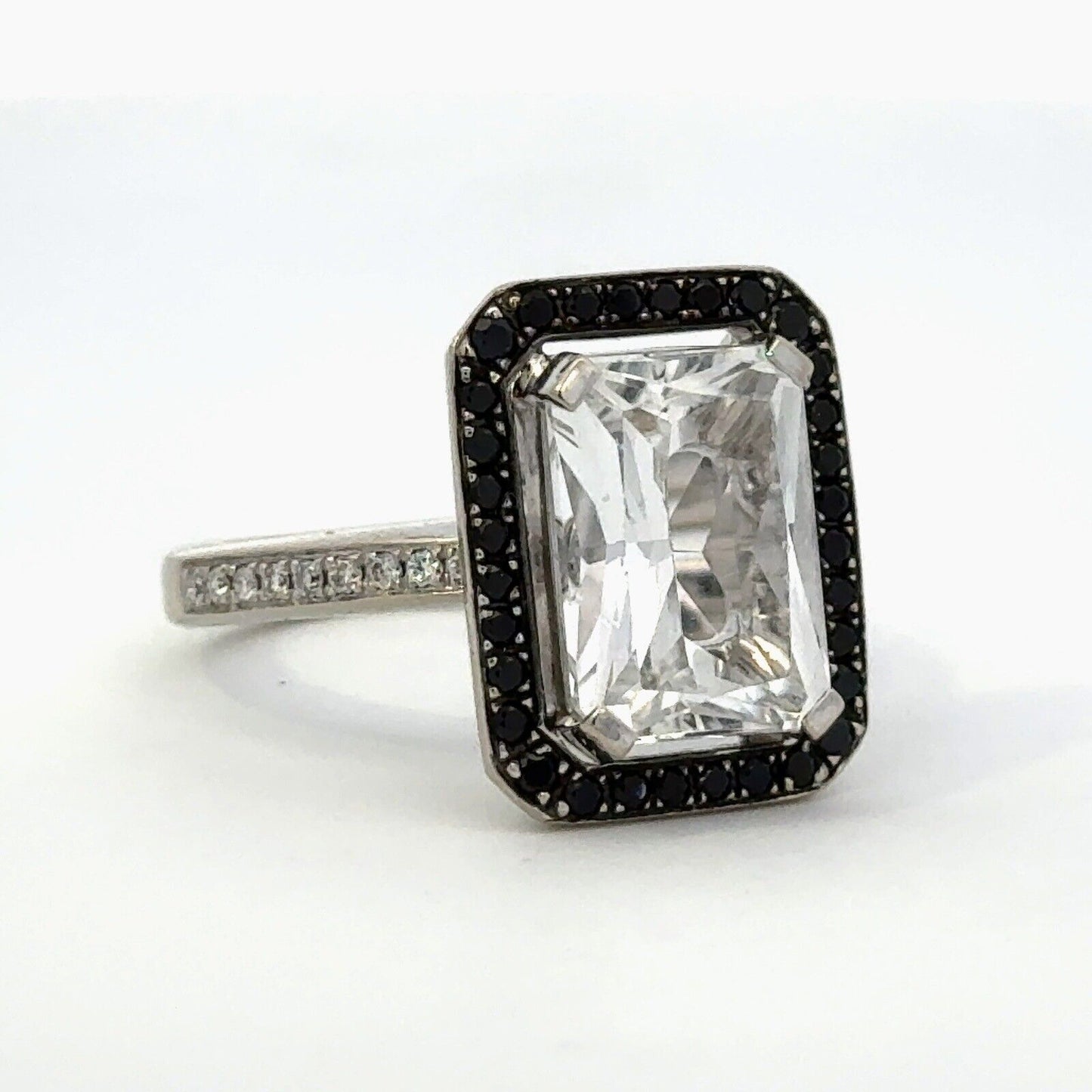 Designer 18K White Gold Emerald Cut White Topaz Black White Diamond Accent Ring