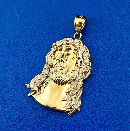 Designer 10K Yellow White Gold Cubic Zirconia CZ Jesus  Christ Statement Pendant