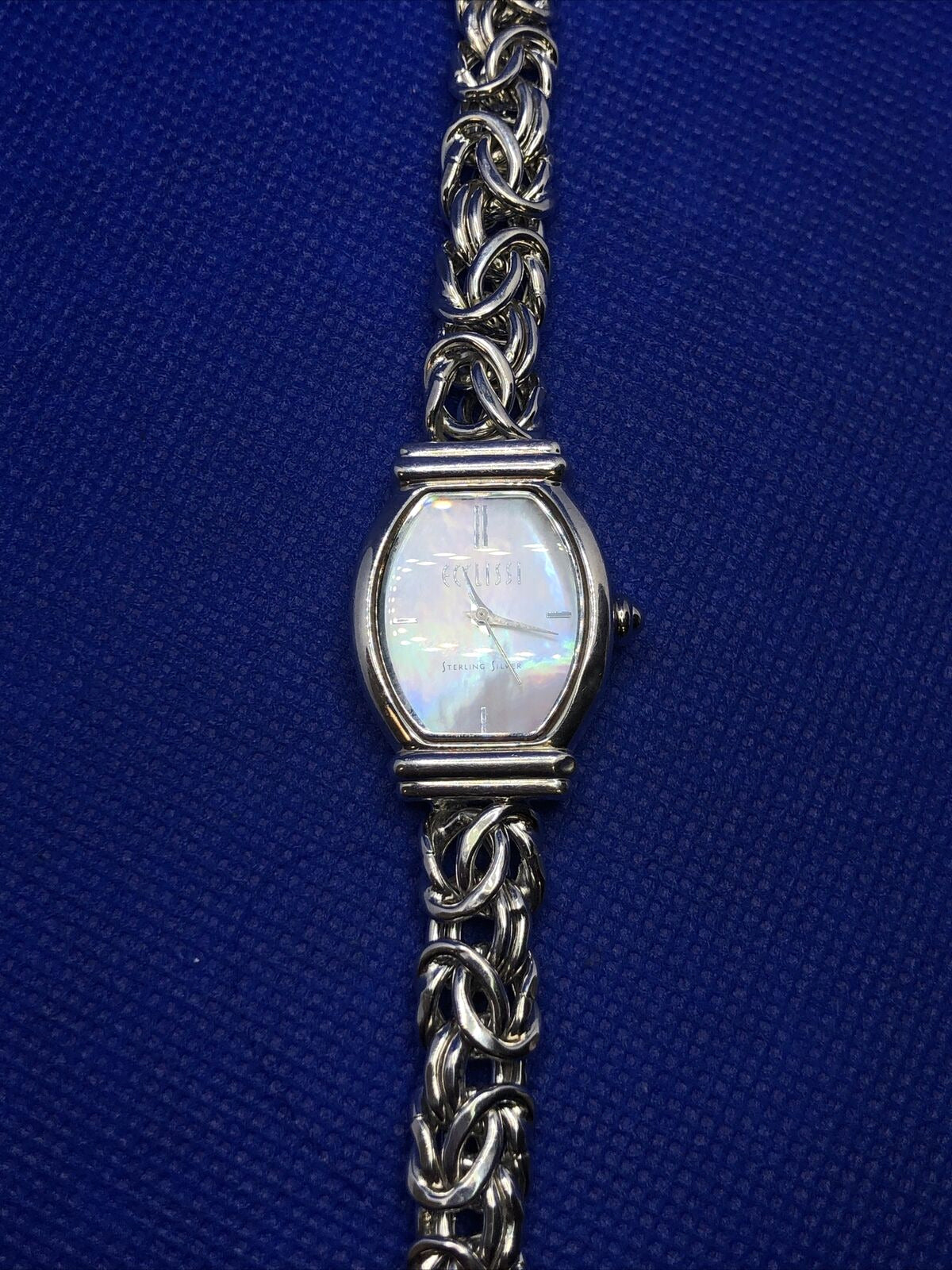 ECCLISSI 925 Sterling Silver Byzantine Chain Band Mother of Pearl Women's Watch