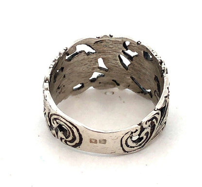 Estate 925 Sterling Silver Floral Flower Vines Nature Open Work Wide Band Ring
