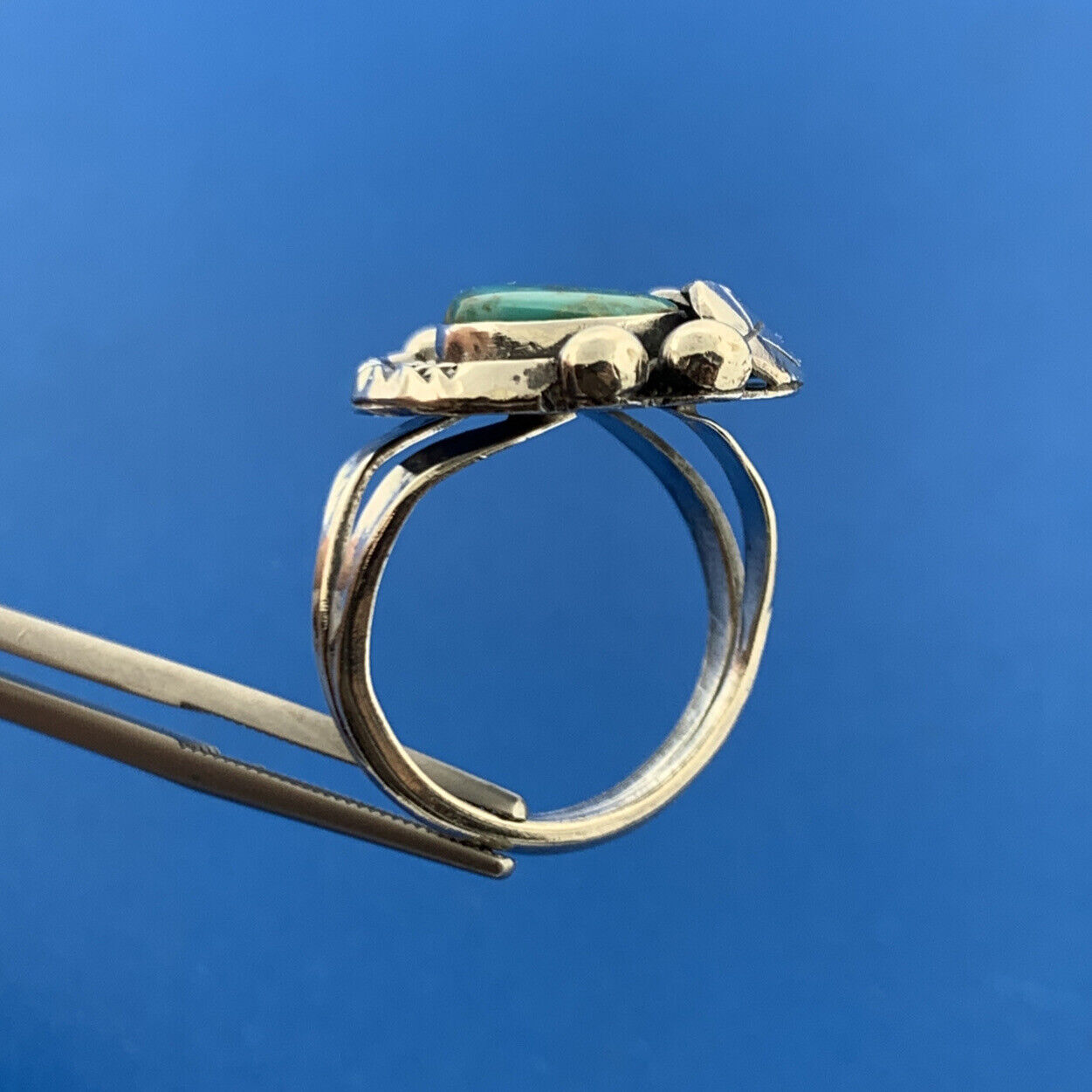 Native American Sterling Silver 925 Cabochon Blue Turquoise Floral Ring Size 7