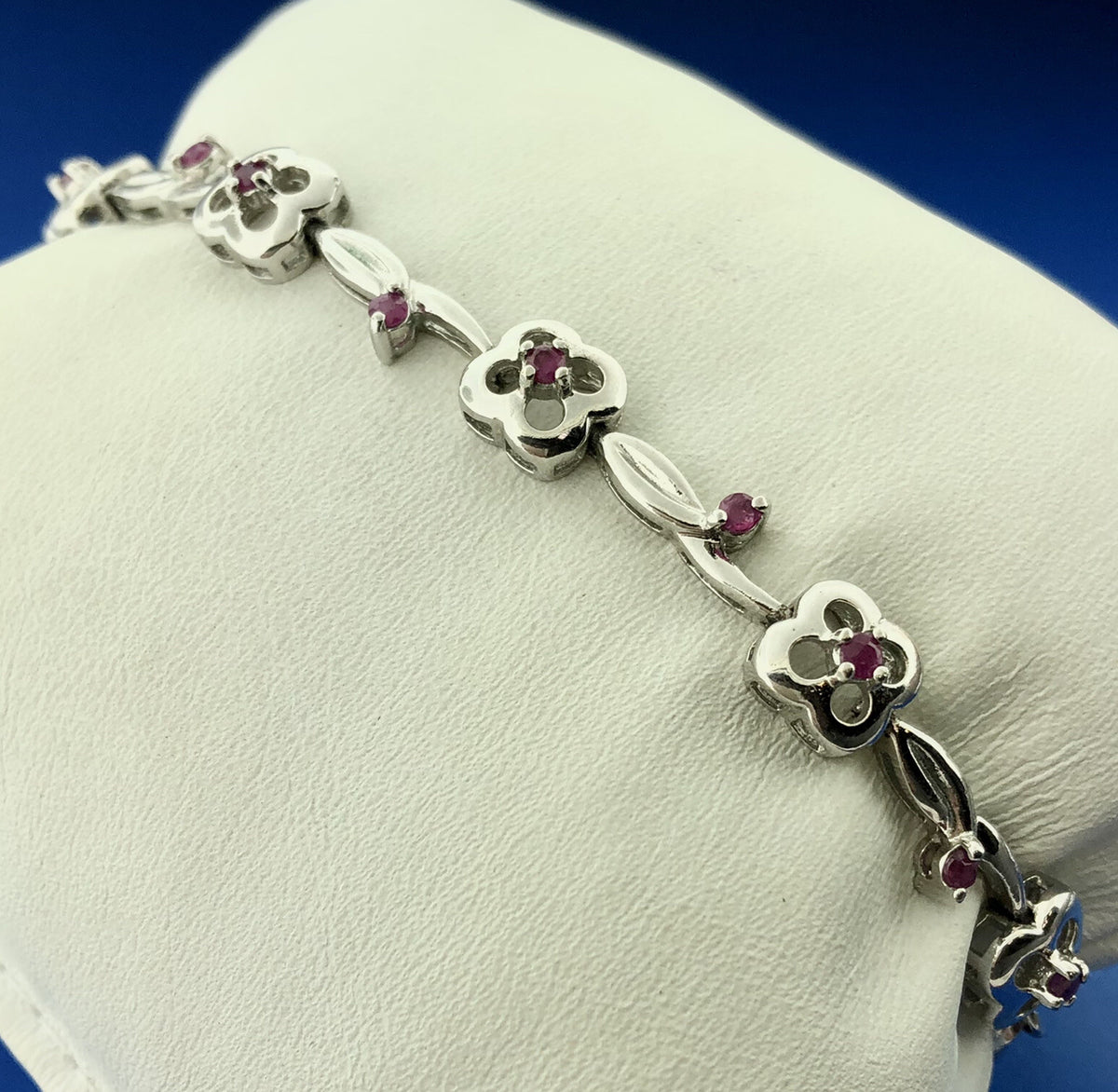 Designer 925 Sterling Silver Ruby Floral Vine July Anniversary Tennis Bracelet
