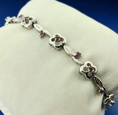 Designer 925 Sterling Silver Ruby Floral Vine July Anniversary Tennis Bracelet