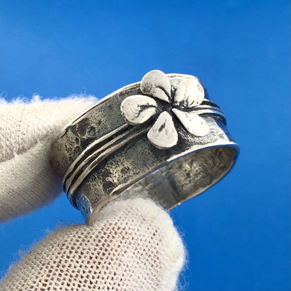 Vintage 925 Sterling Silver Daisy Peony Flower Wide Cigar Band Ring