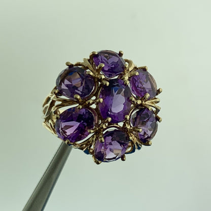 Gorgeous 10k Yellow Gold Oval Cut Amethyst Cluster Openwork Dome Ring Size 7.75